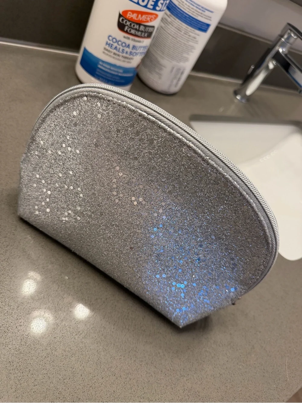 Lancome Silver Glitter Cosmetic Bag Makeup Pouch Travel Toiletry Case 8x5.5